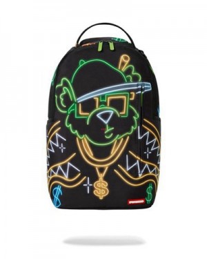 Black Sprayground Money Bear City Lights Backpacks | 08513-FGPI