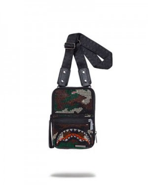 Black Sprayground Trinity Camo Crossbody Bags | 38427-AYVP