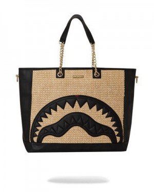 Black / Beige Sprayground Raffia Palm Tote Bags | 63541-UYWJ