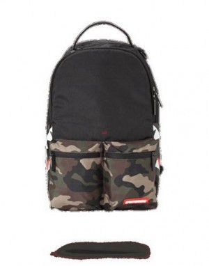 Black / Camo Sprayground Camo Side Shark Double Cargo Backpacks | 21436-AZNO