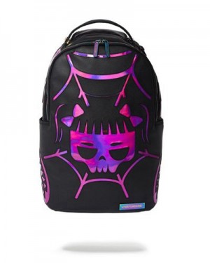 Black / Purple Sprayground Cazzu Iridescent Cut & Sew Spider Skull Shark (Dlxv) Backpacks | 48579-JIBQ