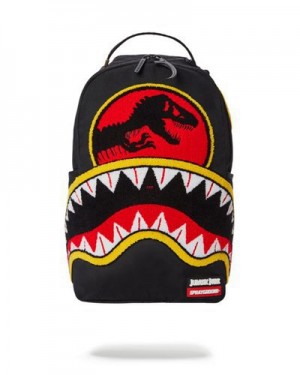 Black / Red Sprayground Jurassic Park Shark "Chenille Shark" (Dlxr) Backpacks | 73405-JVWQ