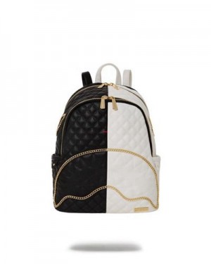 Black / White Sprayground Leveled Up Split Quilt Shark Savage Backpacks | 39872-OBGC