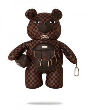 Brown Sprayground Checkmate Royale Moneybear Teddybear Backpacks | 94157-CUFB