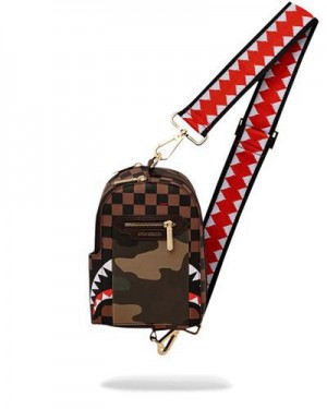 Brown Sprayground Exterior Gold Zip Pocket Sharks In Paris Crossbody Bags | 32165-ABHU