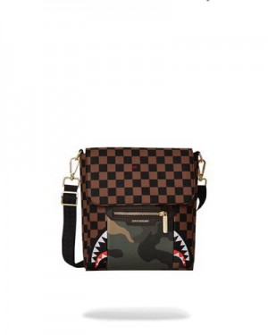 Brown Sprayground Exterior Gold Zip Pocket Sharks In Paris Messenger Crossbody Bags | 53208-BSWH