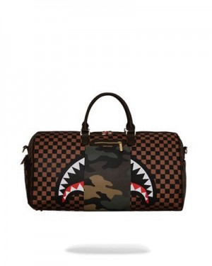 Brown Sprayground Exterior Gold Zip Pocket Sharks In Paris Duffle Bags | 57638-USBR