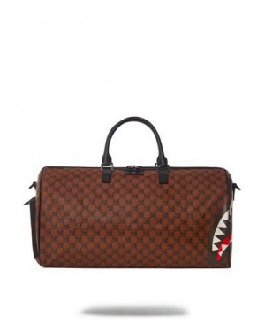 Brown Sprayground Sharks And Skulls Duffle Bags | 18740-QVBE