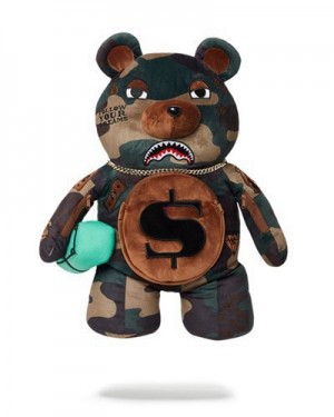 Olive Sprayground Camocheck Moneybear Teddybear Backpacks | 76189-MCNU