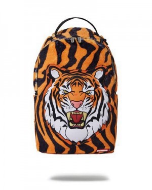 Orange Sprayground Tiger Cozy Velour Fur Backpacks | 85927-ULMK