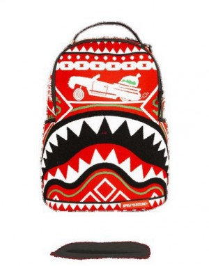 Red Sprayground Ugly Sweater Shark Backpacks | 38062-DXUY