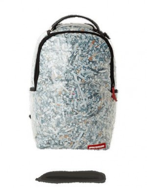 White Sprayground Counterfeit (Vinyl Shredded Money) Backpacks | 74089-TLSU