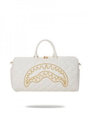 White Sprayground Riviera Le Blanc Gold Chain Shark Duffle Bags | 21490-UTHM