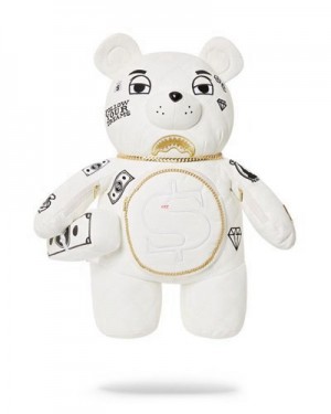 White Sprayground Riviera Le Blanc Gold Chain Moneybear Teddybear Backpacks | 26398-YNOI