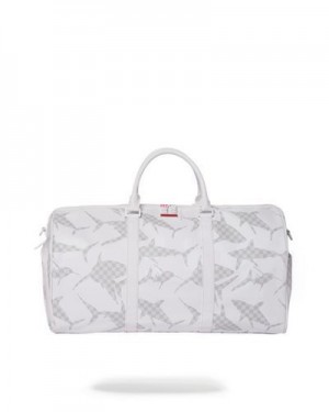 White Sprayground Shark Check Duffle Bags | 09634-OQKA