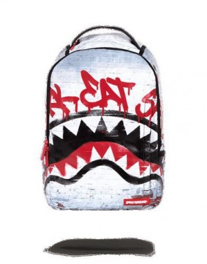 White Sprayground Shark Eat Shark Backpacks | 36852-YGJW