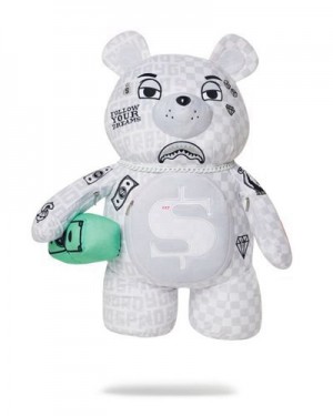 White Sprayground Split The Check (Pearl) Moneybear Teddybear Backpacks | 59234-RDTK