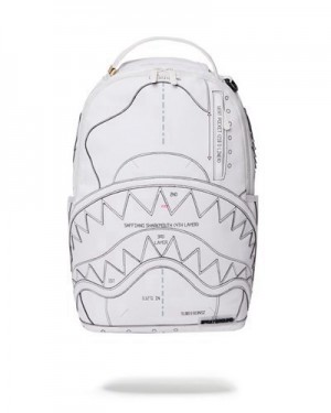 White Sprayground Technical Cut & Shark (Dlxv) Backpacks | 91370-QSGD