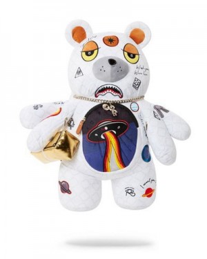 White Sprayground Ufo Spaced Out Moneybear Teddybear Backpacks | 23419-XBTW