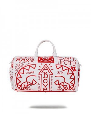 White / Red Sprayground Danger Danger Duffle Bags | 18245-NTDZ