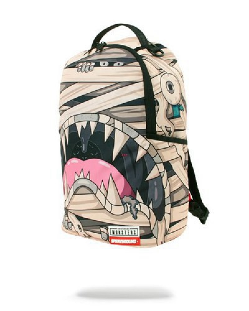 Beige Sprayground Monsters Mummy Shark Backpacks | 30498-FXQS