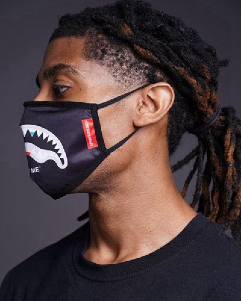 Black Sprayground Bite Me Shark Polyester Face Masks | 40128-QKWL