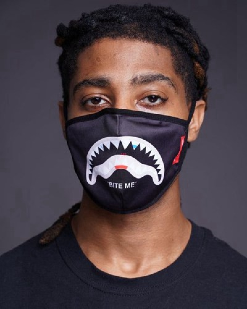 Black Sprayground Bite Me Shark Polyester Face Masks | 40128-QKWL