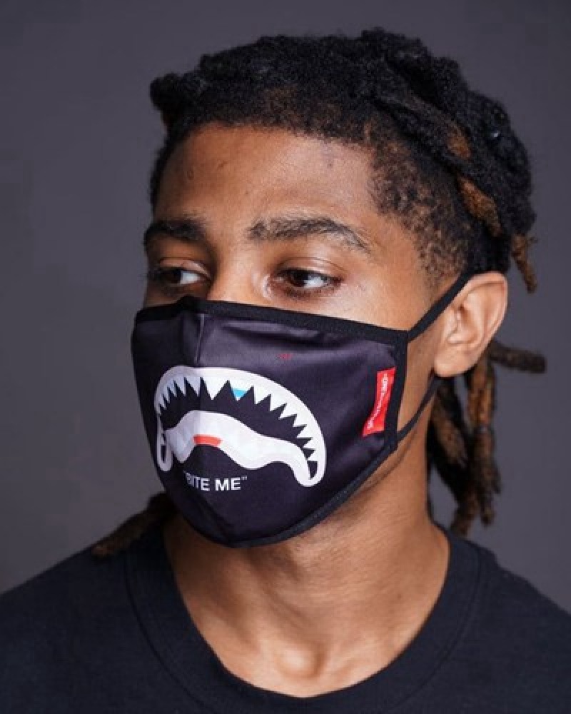 Black Sprayground Bite Me Shark Polyester Face Masks | 40128-QKWL