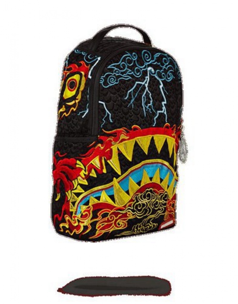 Black Sprayground Dragon Shark Nightmare Backpacks | 90312-FWHP