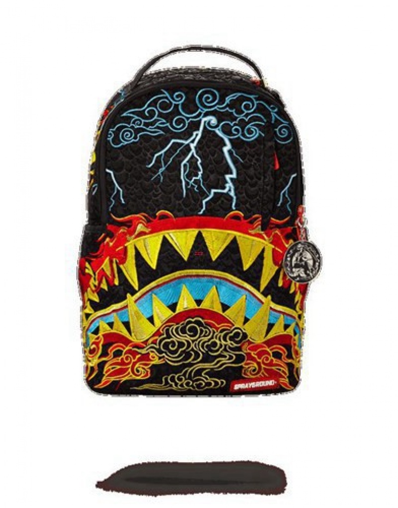 Black Sprayground Dragon Shark Nightmare Backpacks | 90312-FWHP