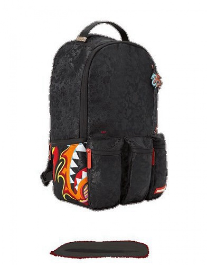 Black Sprayground Dragon Side Shark Cargo Backpacks | 34298-QHCN