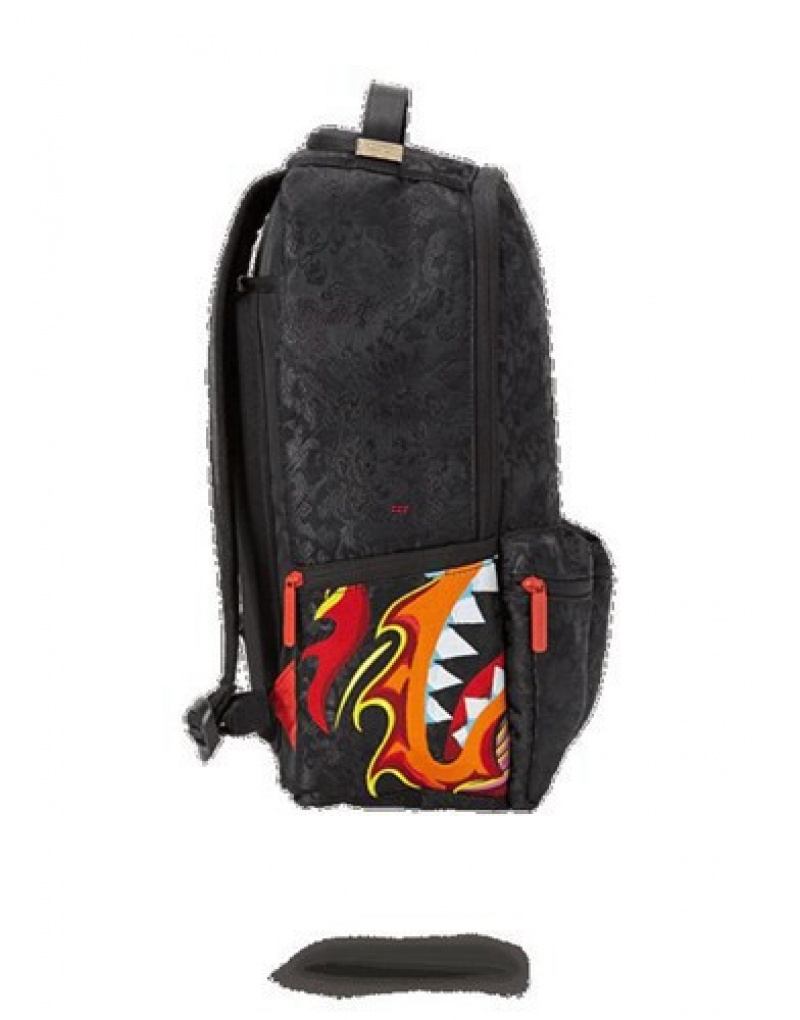 Black Sprayground Dragon Side Shark Cargo Backpacks | 34298-QHCN