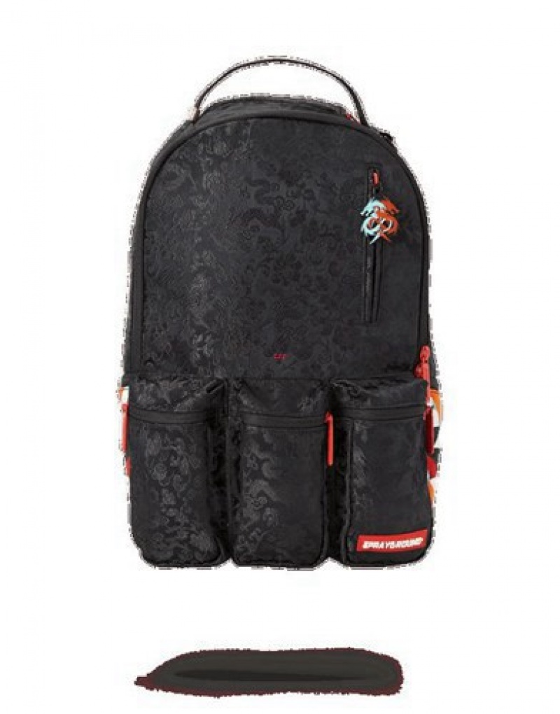 Black Sprayground Dragon Side Shark Cargo Backpacks | 34298-QHCN