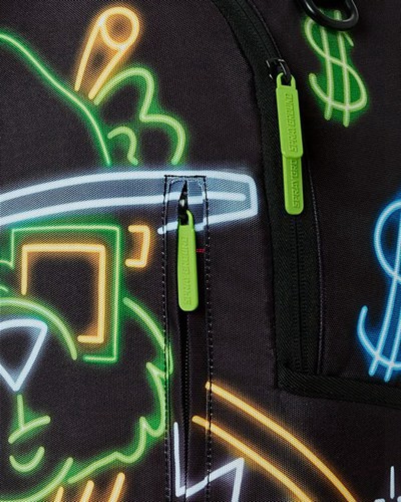 Black Sprayground Money Bear City Lights Backpacks | 08513-FGPI