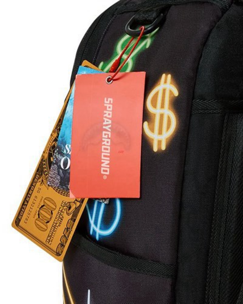 Black Sprayground Money Bear City Lights Backpacks | 08513-FGPI