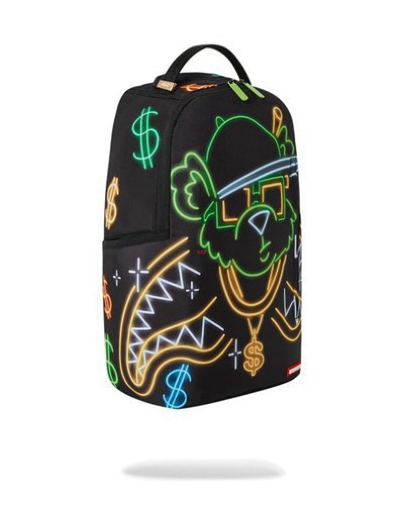 Black Sprayground Money Bear City Lights Backpacks | 08513-FGPI