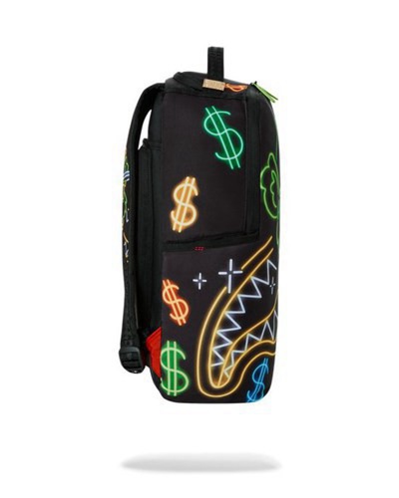 Black Sprayground Money Bear City Lights Backpacks | 08513-FGPI