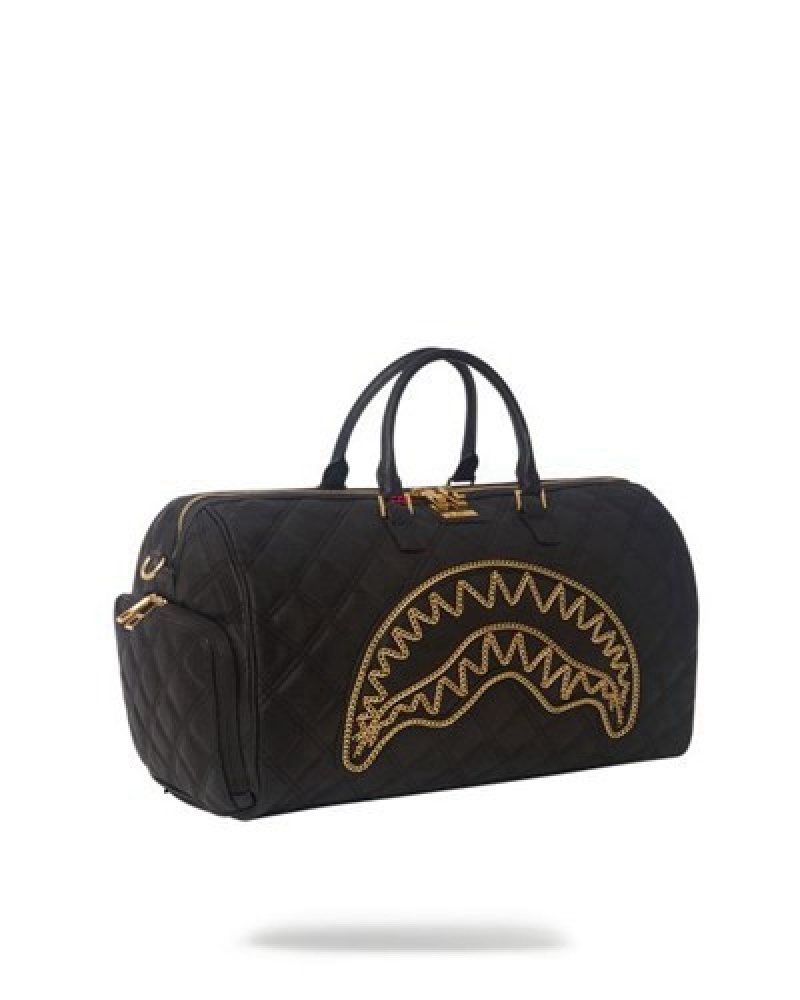 Black Sprayground Noir Quilt Gold Chain Shark Duffle Bags | 65340-XGMA