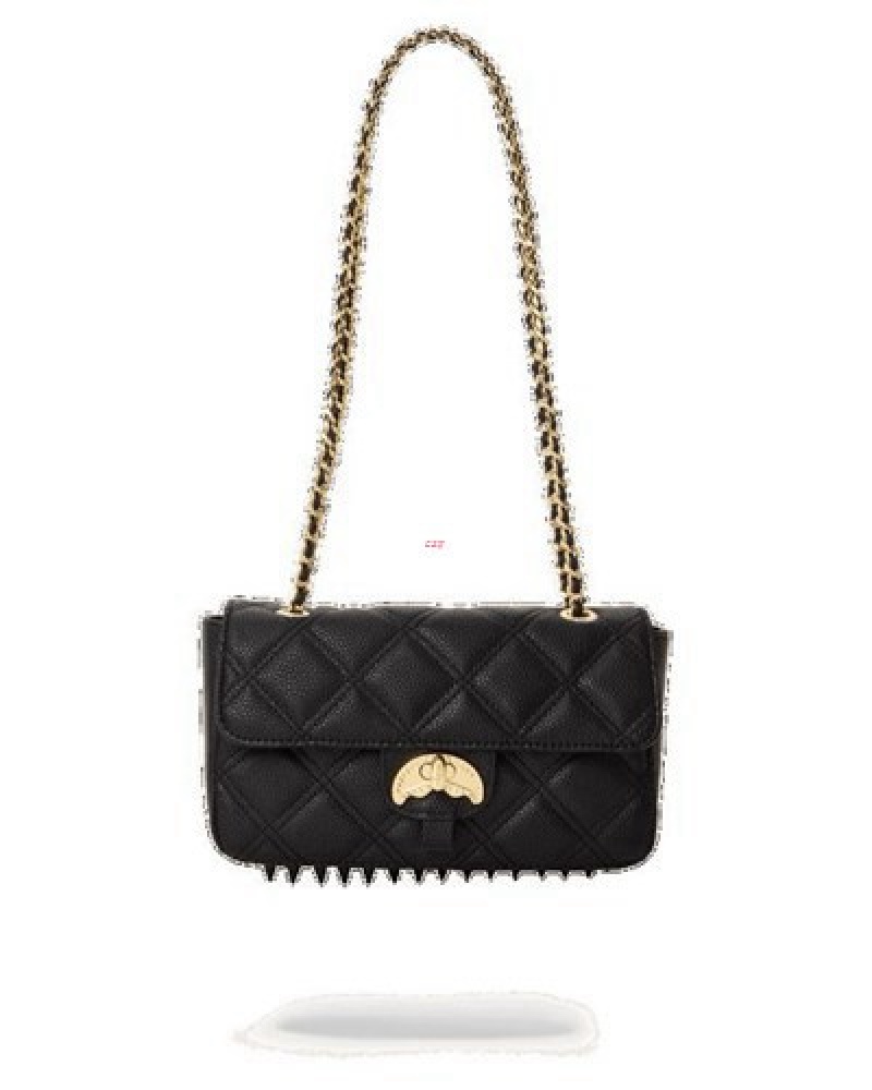 Black Sprayground Noir Quilt Gold Chain Shark Handbag | 54921-WKBC