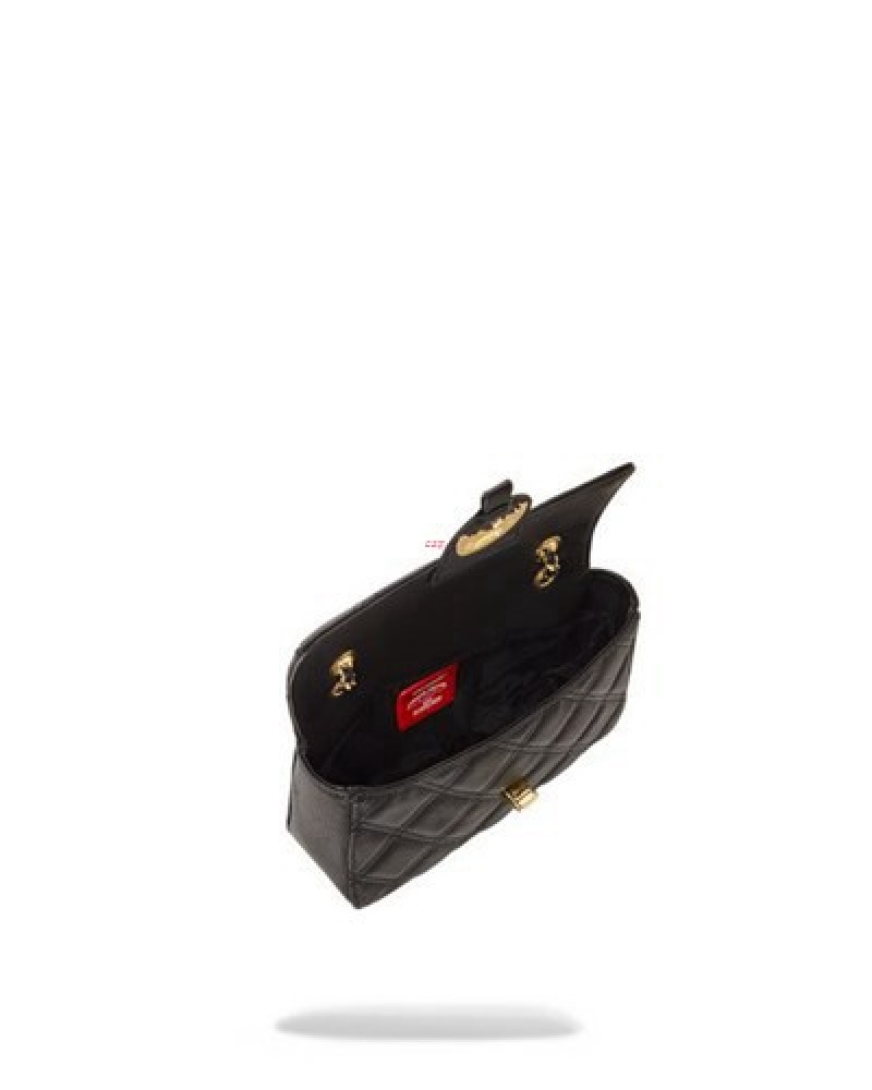 Black Sprayground Noir Quilt Gold Chain Shark Handbag | 54921-WKBC