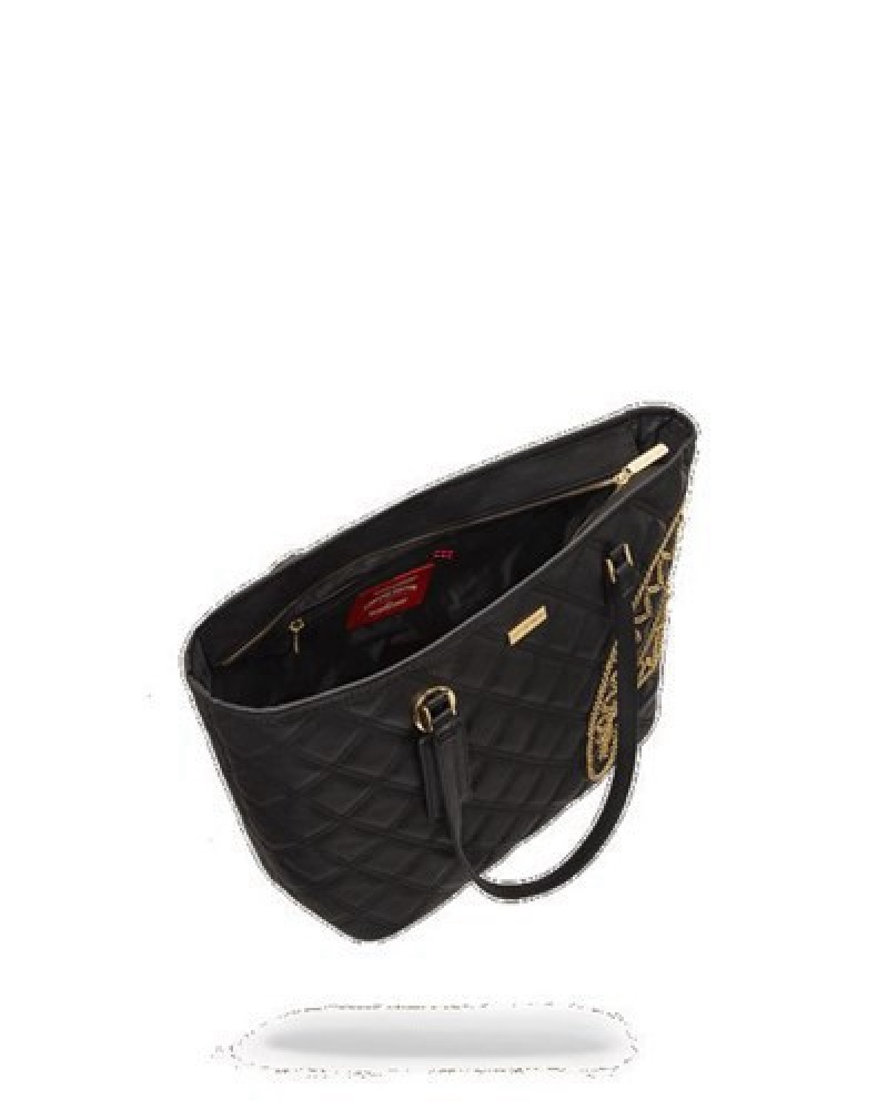 Black Sprayground Noir Quilt Gold Chain Shark Handbag | 79485-QDCI