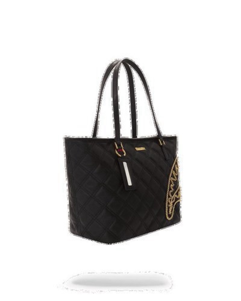 Black Sprayground Noir Quilt Gold Chain Shark Handbag | 79485-QDCI