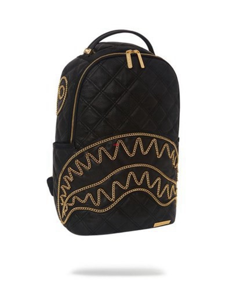 Black Sprayground Noir Quilt Gold Chain Shark (Dlxv) Backpacks | 91583-ATYL