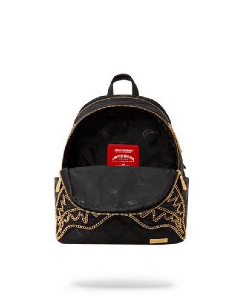 Black Sprayground Noir Quilt Gold Chain Shark Savage Backpacks | 08759-MAUV