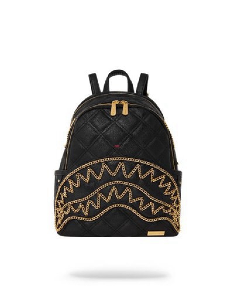 Black Sprayground Noir Quilt Gold Chain Shark Savage Backpacks | 08759-MAUV