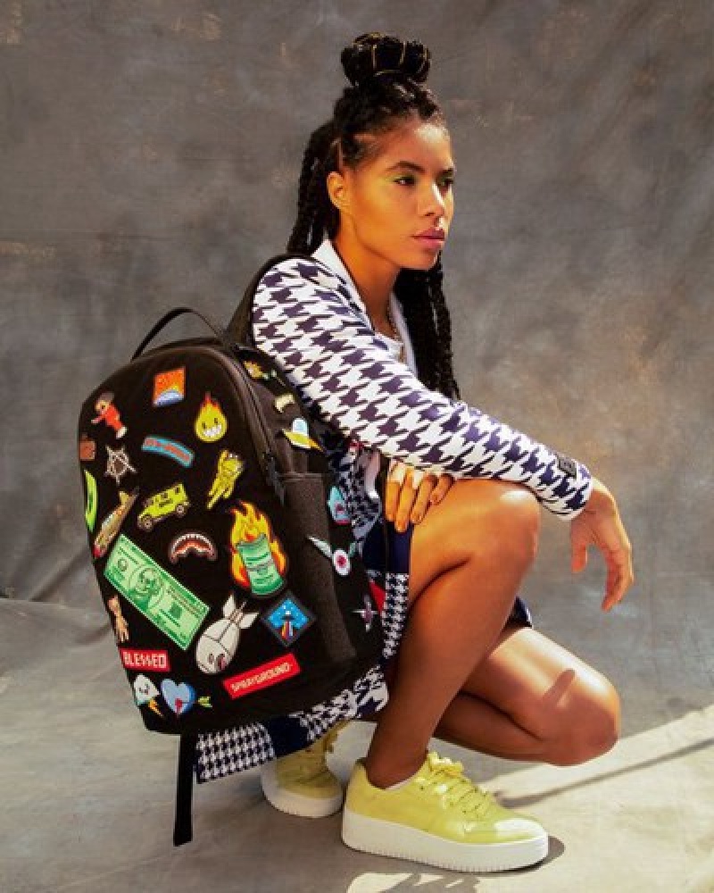 Black Sprayground The 32 Removable Patches Velcro Backpacks | 47186-FDUG