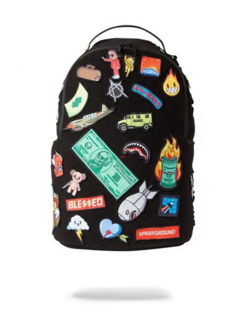 Black Sprayground The 32 Removable Patches Velcro Backpacks | 47186-FDUG