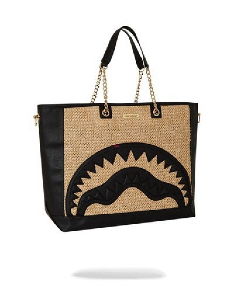 Black / Beige Sprayground Raffia Palm Tote Bags | 63541-UYWJ