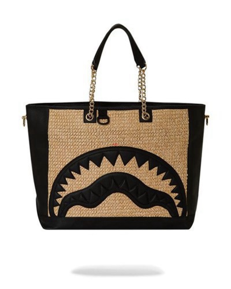 Black / Beige Sprayground Raffia Palm Tote Bags | 63541-UYWJ