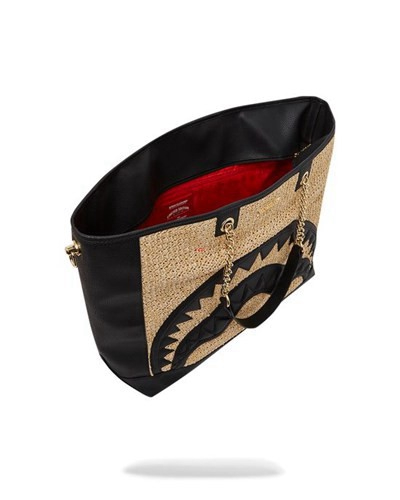 Black / Beige Sprayground Raffia Palm Tote Bags | 63541-UYWJ